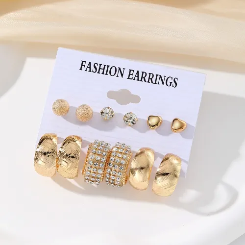 6 Pairs Rhinestone Decor Hoop Earrings Set 